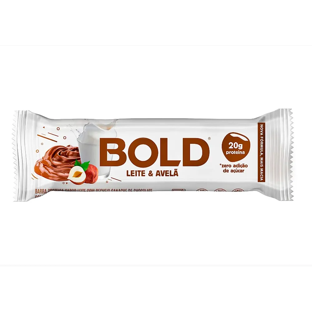 Barra de Proteína Bold Sabor Leite & Avelâ 20g de Proteína Zero Açúcar com 60g