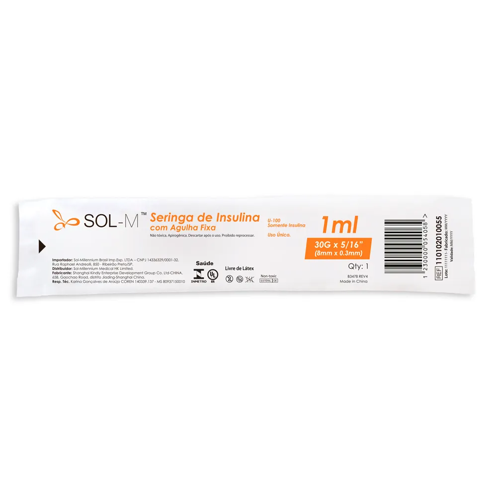Seringa de Insulina com Agulha Fixa 100UI Sol-M 1ml 30G 8 x 0,3mm com 1 Unidade