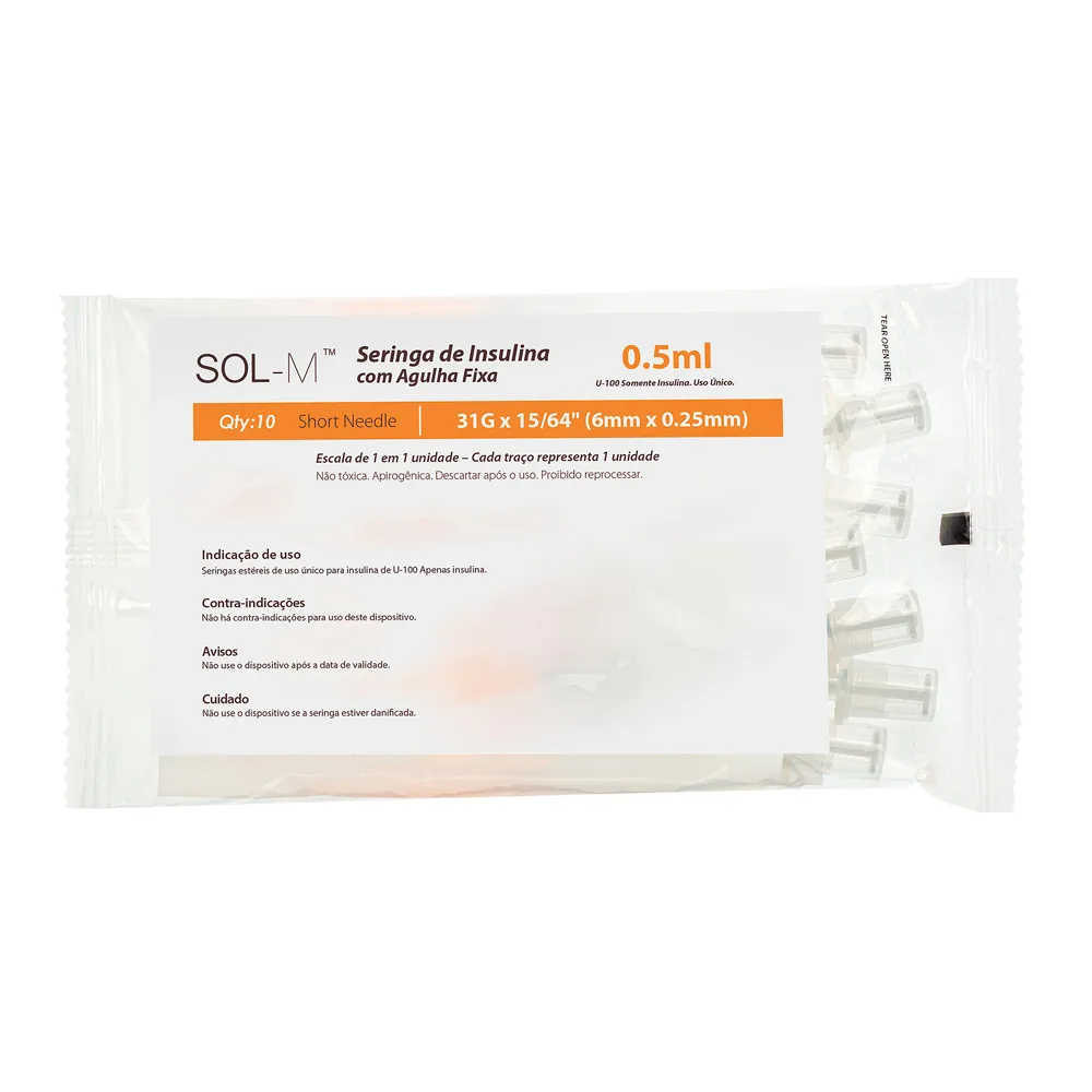 Seringa de Insulina com Agulha 50UI Sol-M 0.5ml 31G 6 x 0,25mm Pacote verso