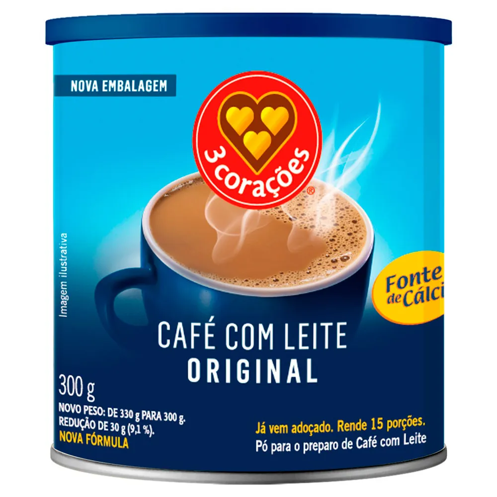 Café com Leite Solúvel 3 Corações Original 300g