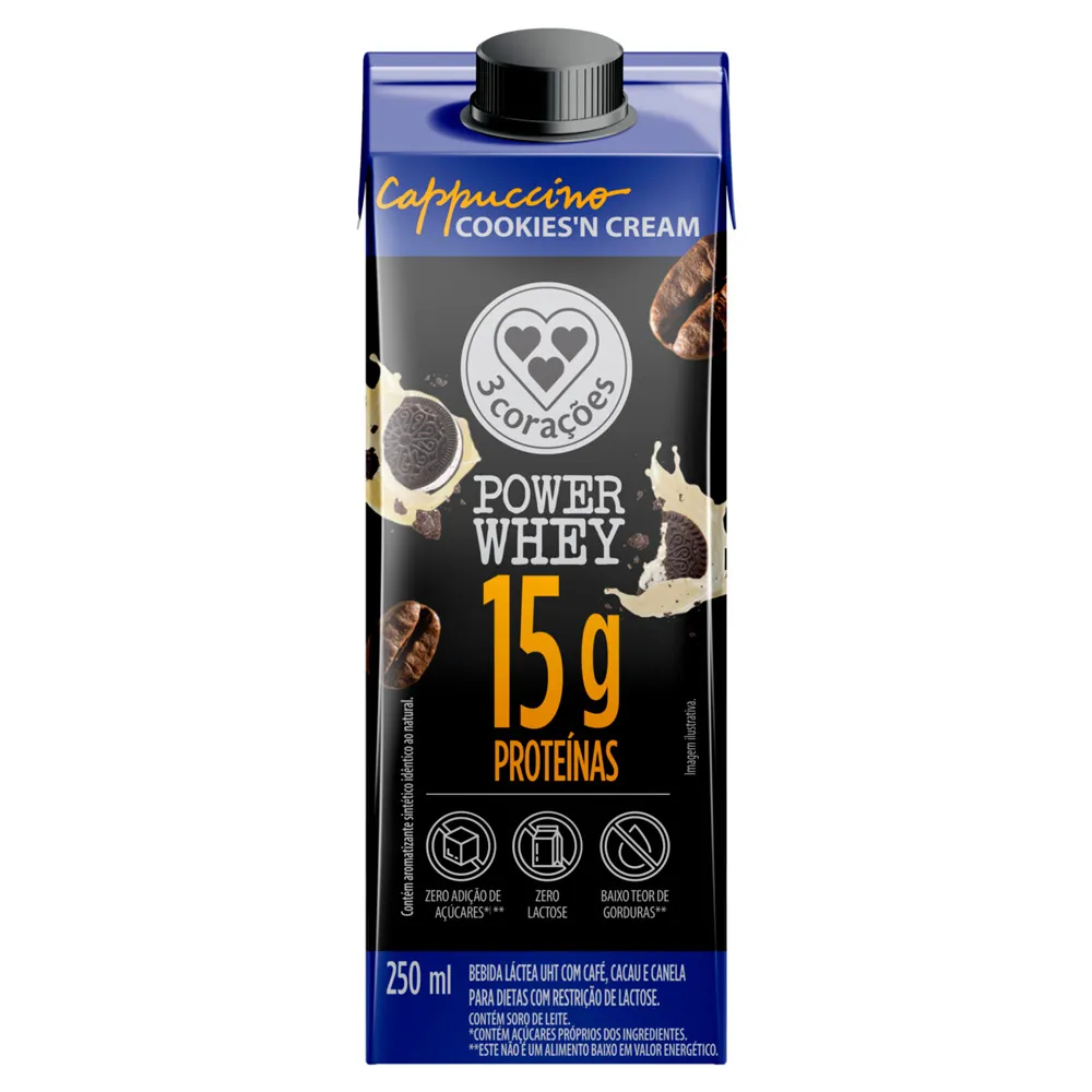 Bebida Lactea 3 Coracões Power Whey com 15g de Proteína Cappuccino Cookies'n Cream 250ml