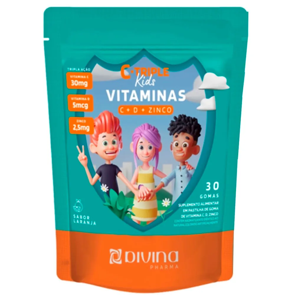 C-triple kids Vitaminas C + D + Zinco Divina Pharma Sabor Laranja com 30 Gomas