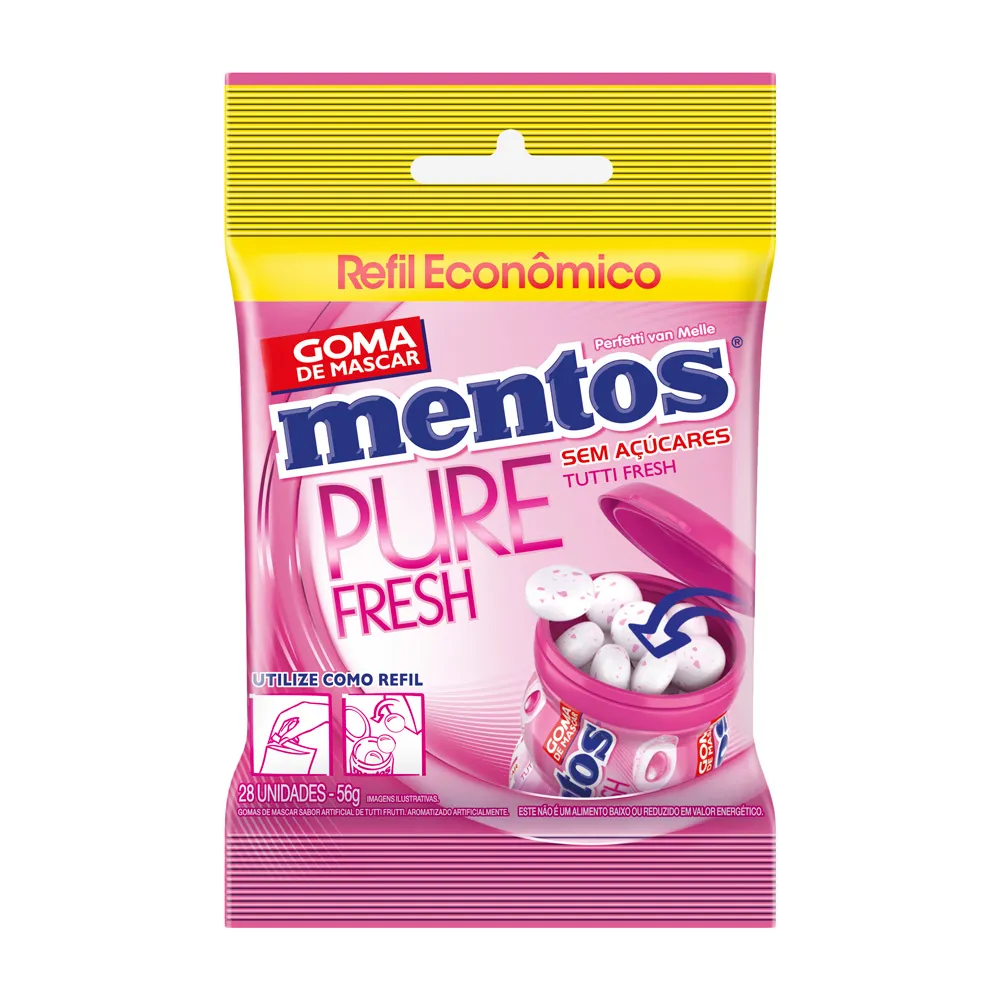 Chicletes Mentos Pure Fresh Tutti Sem Açúcar Refil 56g