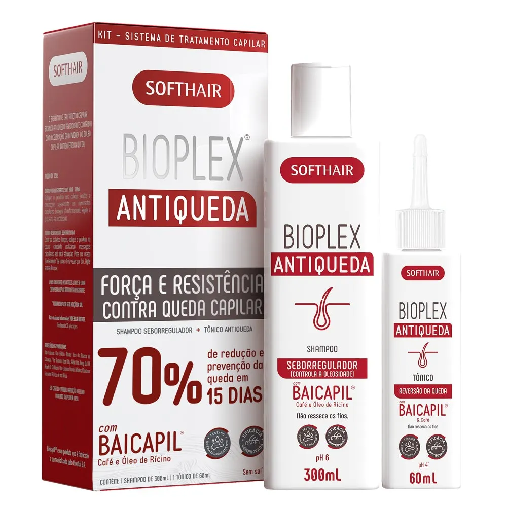 Kit Bioplex Soft Hair Antiqueda Força e Resistência Contra Queda Capilar Shampoo Seborregulador 300ml e Tônico Reversão da Queda 60ml