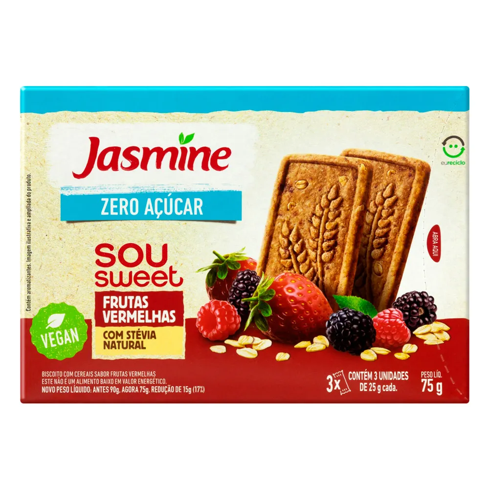 Biscoito Jasmine Sou Sweet Zero Açúcar Sabor Frutas Vermelhas Vegan 75g