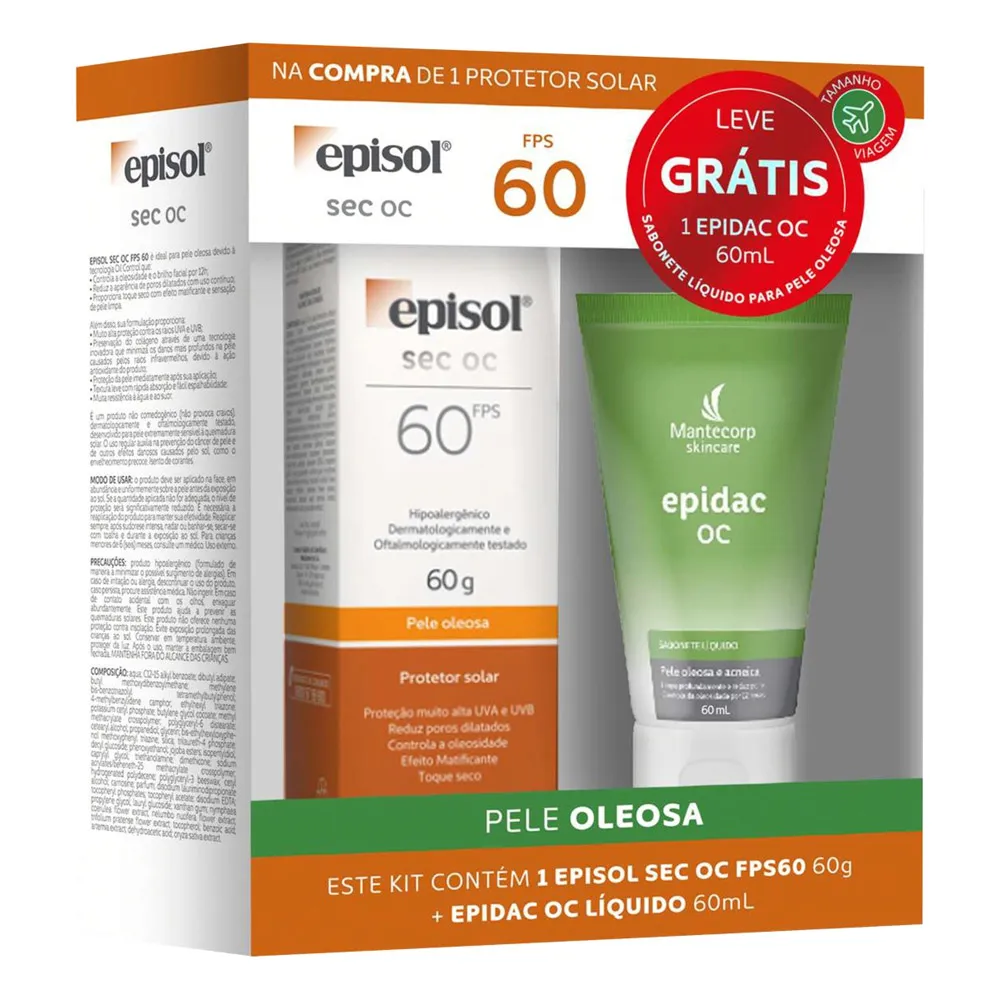 Protetor Solar Episol Sec Oc FPS 60 Pele Oleosa 60g e Sabonete Líquido Epidac Oc 60ml