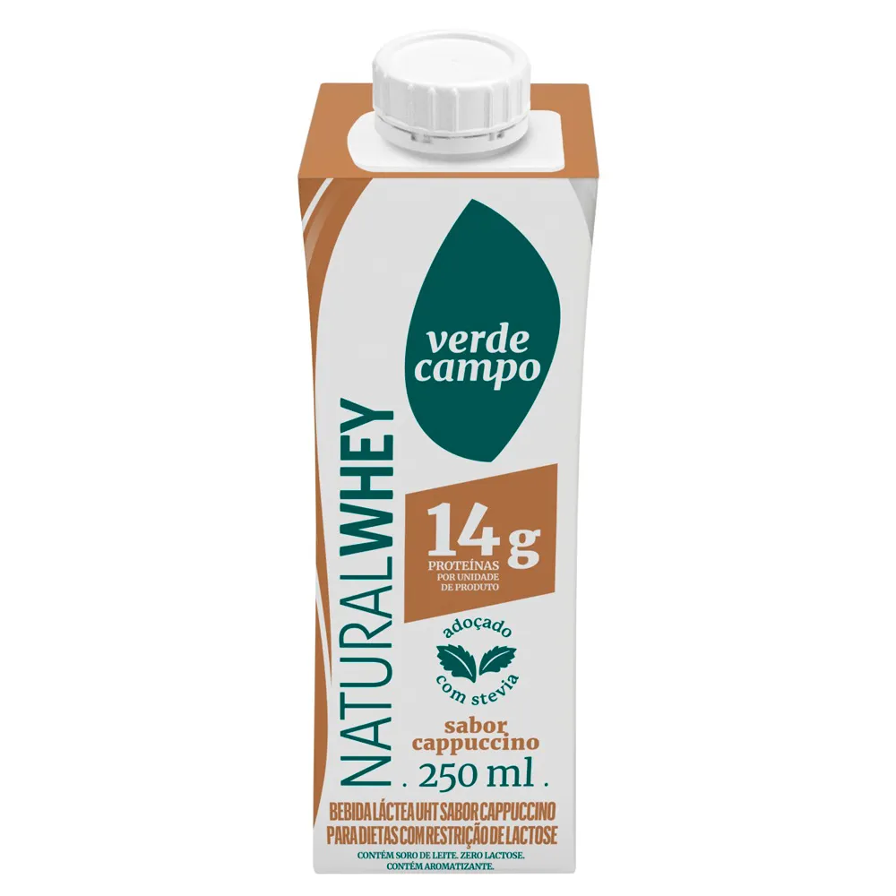 Bebida Láctea UHT Natural Whey Shake Verde Campo com 14g de Proteína Sabor Cappuccino Zero Lactose 250ml