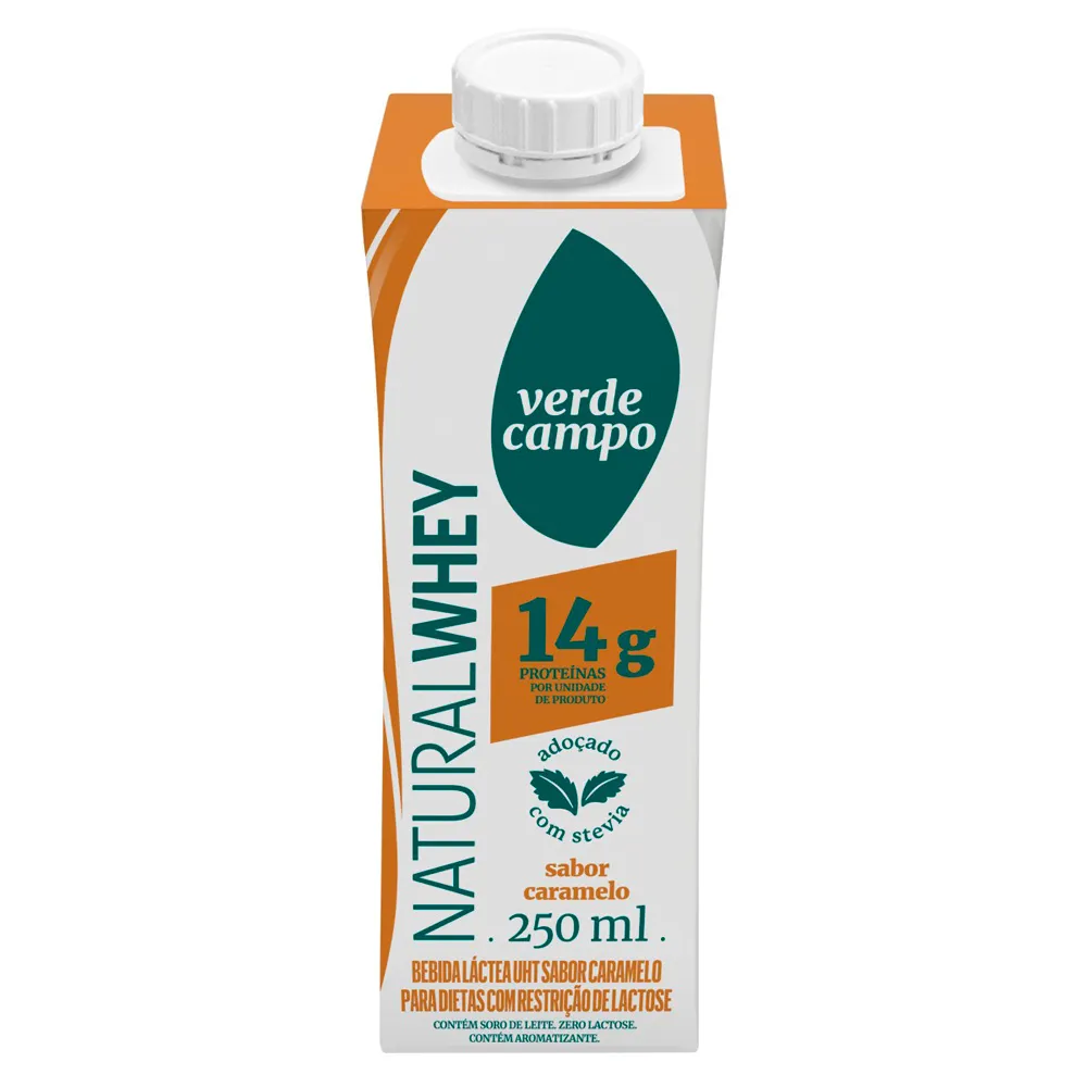 Bebida Láctea UHT Natural Whey Shake Verde Campo com 14g de Proteína Sabor Caramelo Zero Lactose 250ml