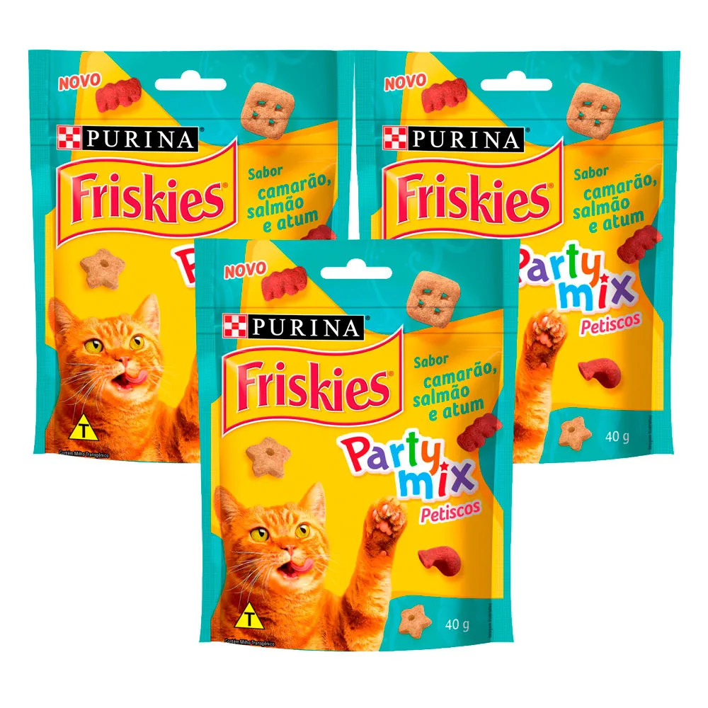 Kit 3 Petisco Friskies Party Mix Gatos Sabor Camarão Salmão e Atum Sachê 40g