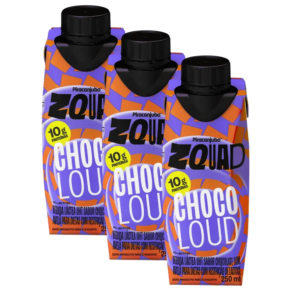 Kit 3 Bebida Láctea Pirancanjuba ZQuad Choco Loud Sabor Chocolate