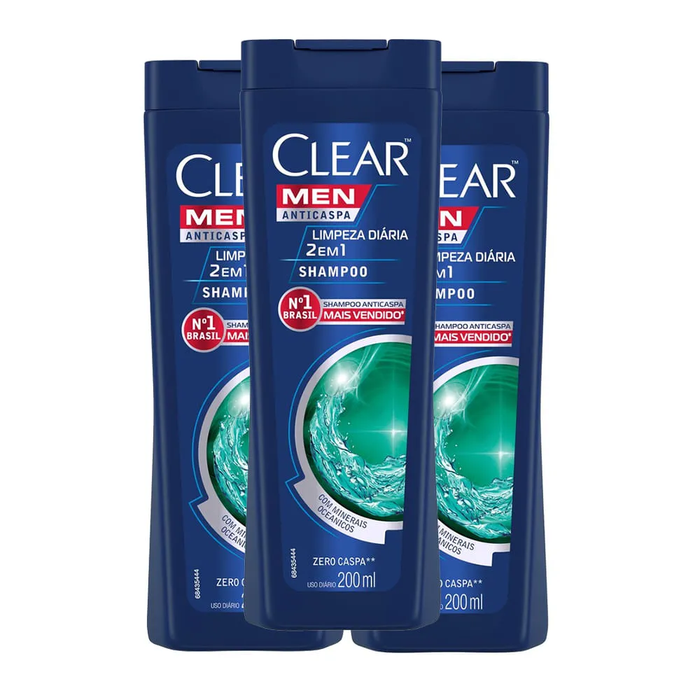 Kit 3 Shampoo Clear Men Limpeza Diária 2 em 1 200ml - Drogaria Araujo