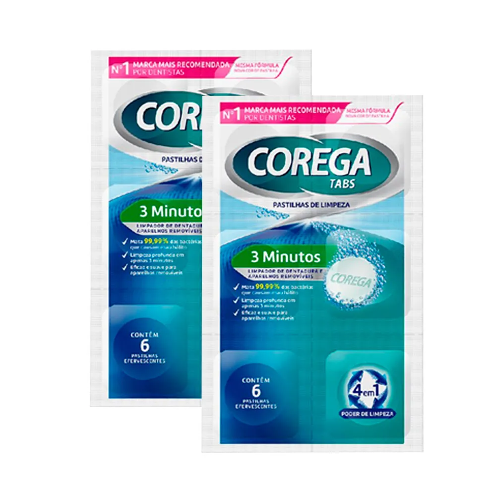 Kit 2 Corega Tabs Limpador de Dentadura 3 Minutos com 6 Pastilhas Efervescentes