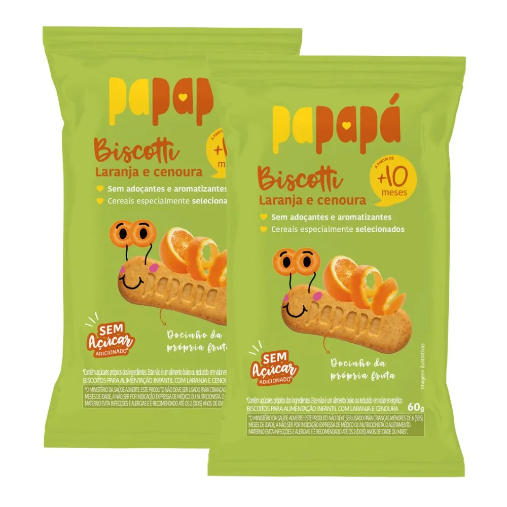 Kit 2 Biscotti Papapá 10+ Meses Sabor Laranja e Cenoura 60g